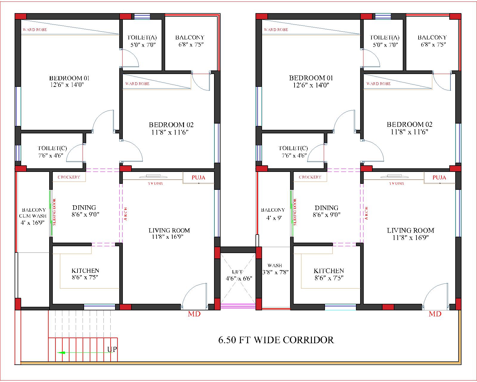 Typical floor plan — two 2 BHK apartments