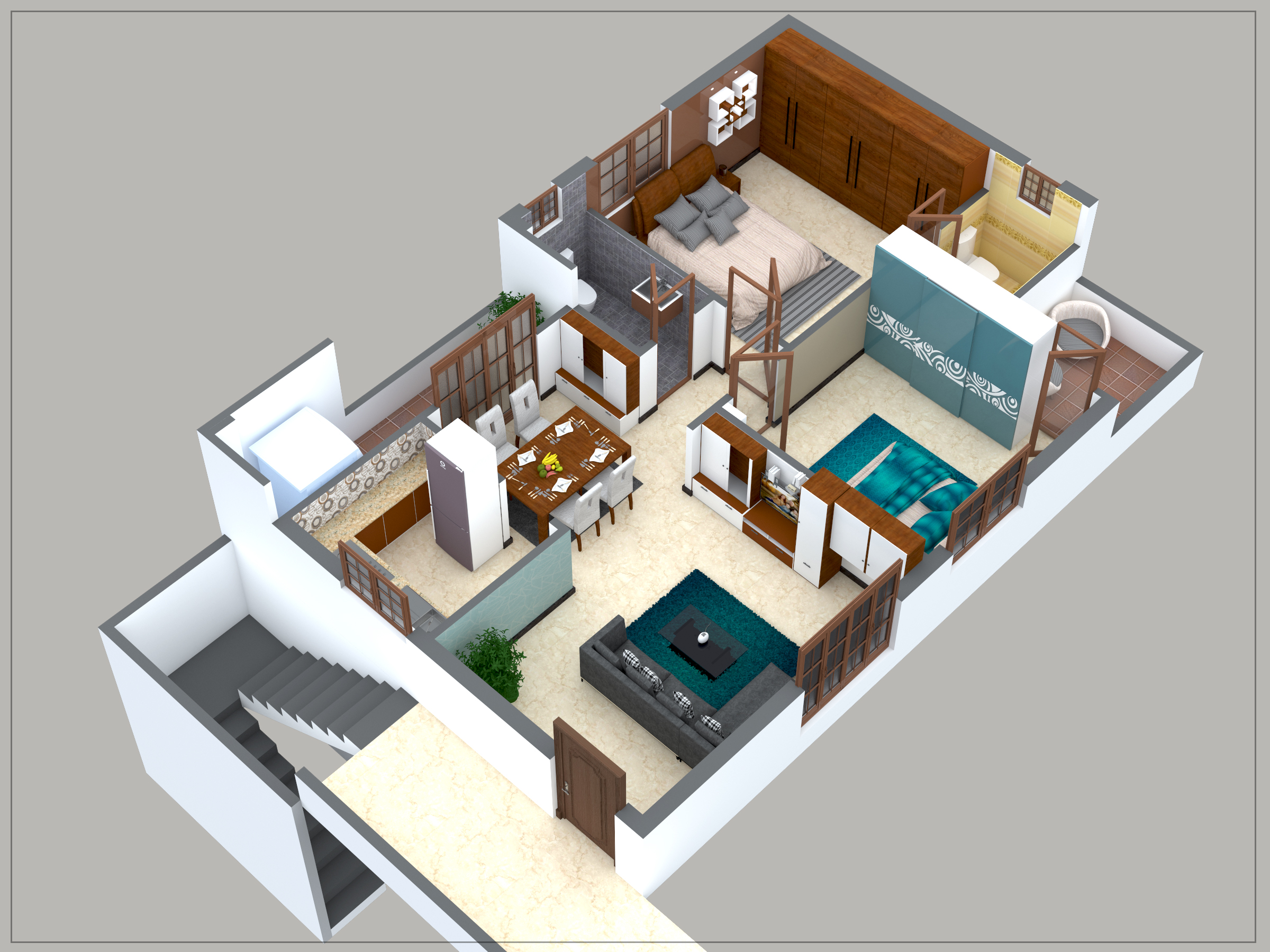Furnished isometric of a 2 BHK